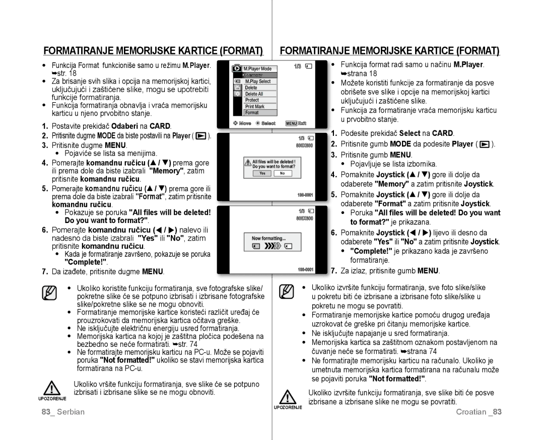 Samsung VP-D381/EDC manual Complete, Funkcija format radi samo u načinu M.Player Strana 