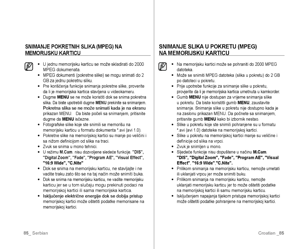 Samsung VP-D381/EDC manual Snimanje Pokretnih Slika Mpeg NA Memorijsku Karticu 