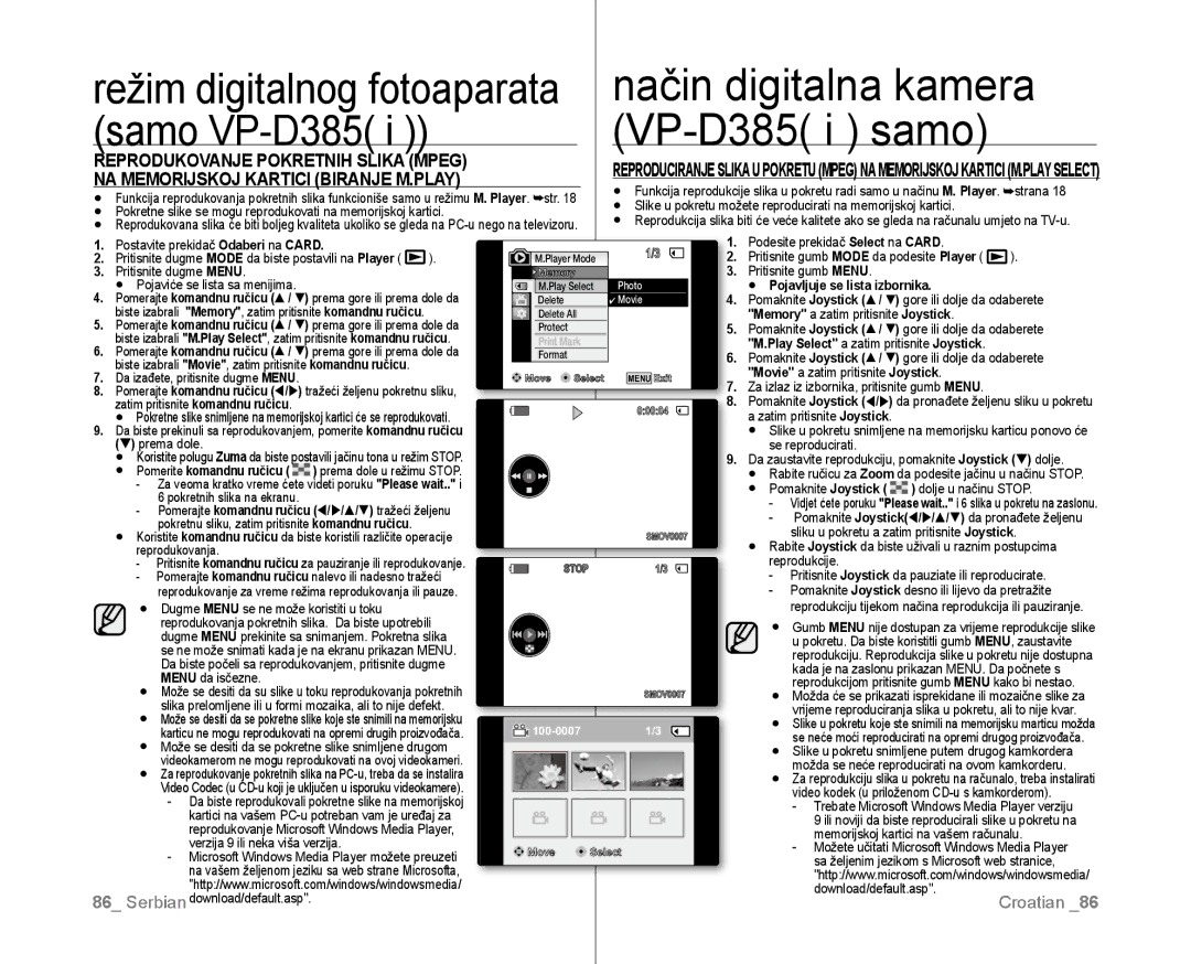 Samsung VP-D381/EDC manual Reprodukovanje Pokretnih Slika Mpeg, NA Memorijskoj Kartici Biranje M.PLAY 