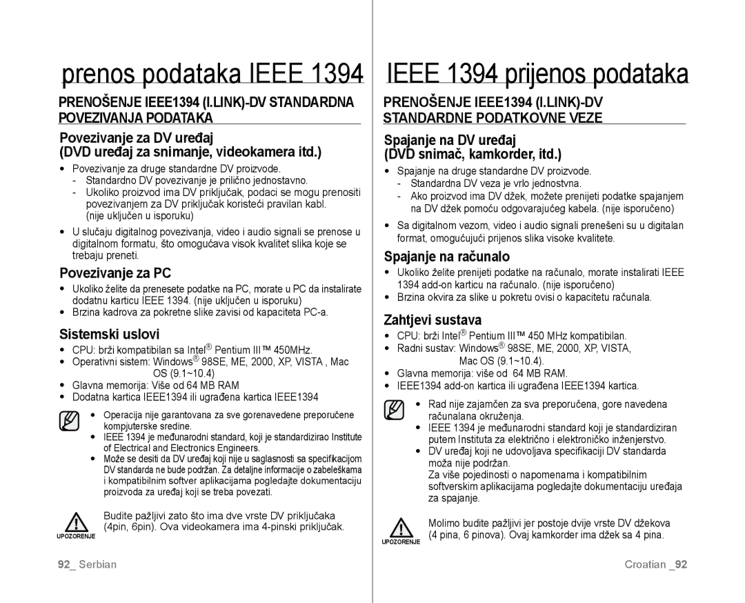 Samsung VP-D381/EDC manual Ieee 1394 prijenos podataka, Prenošenje IEEE1394 I.LINK-DV Standardne Podatkovne Veze 