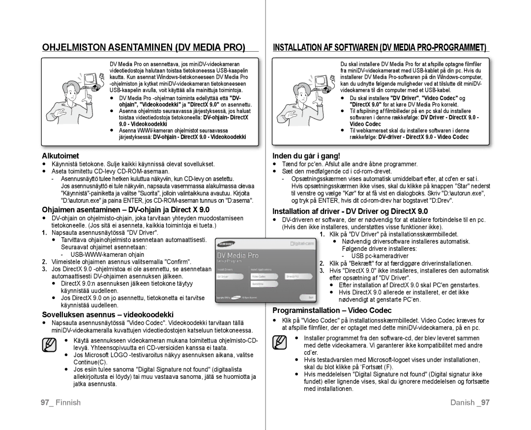 Samsung VP-D381/XEE manual Ohjelmiston asentaminen DV Media Pro, Installation AF Softwaren DV Media PRO-PROGRAMMET 