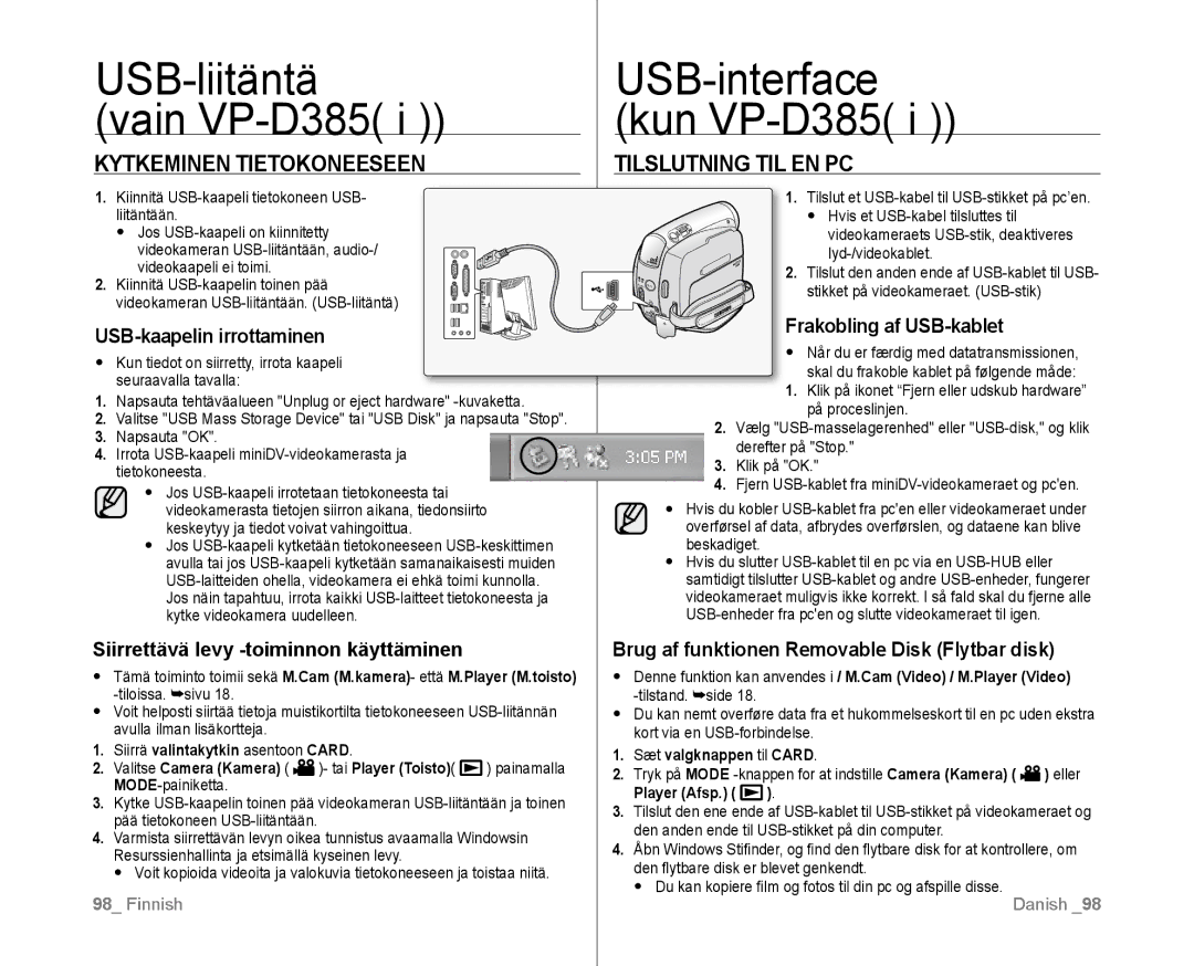 Samsung VP-D381/XEE manual Kytkeminen Tietokoneeseen, Tilslutning TIL EN PC 