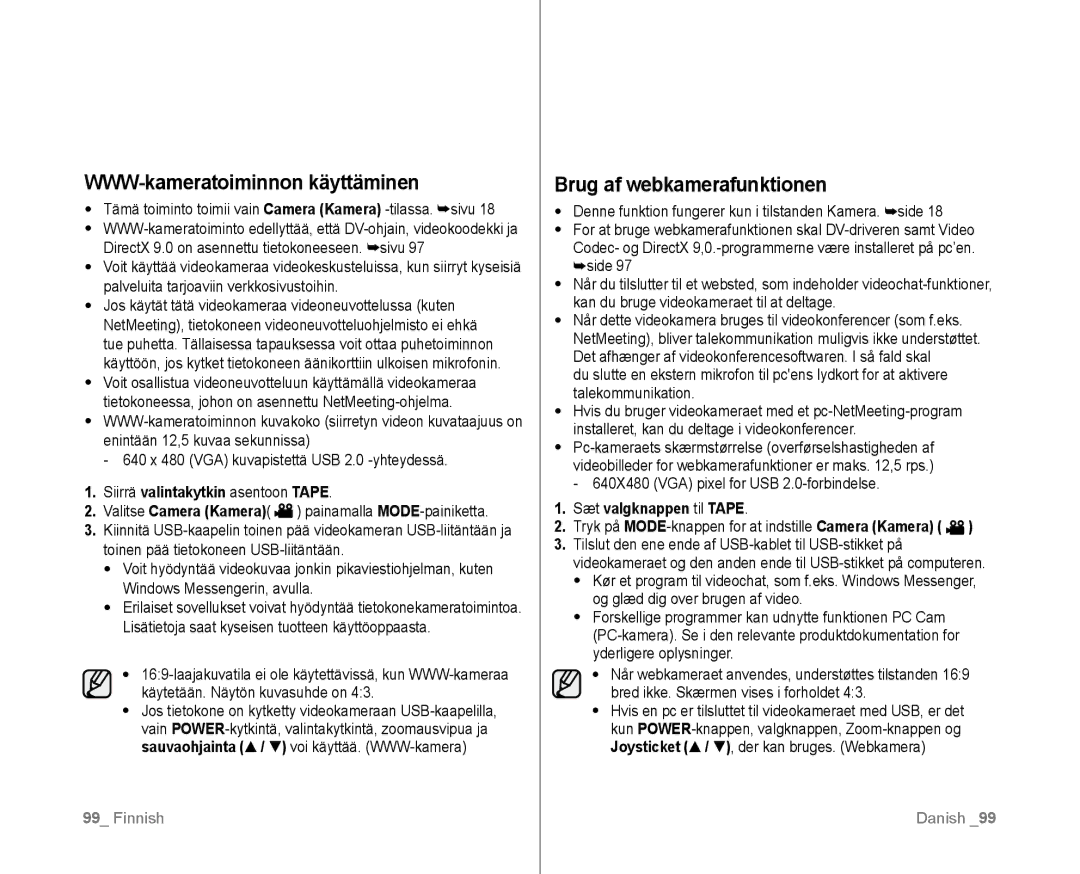 Samsung VP-D381/XEE manual WWW-kameratoiminnon käyttäminen, Brug af webkamerafunktionen 