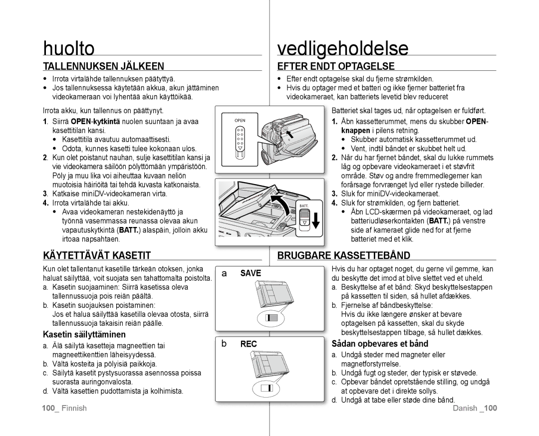 Samsung VP-D381/XEE manual Huolto, Vedligeholdelse 