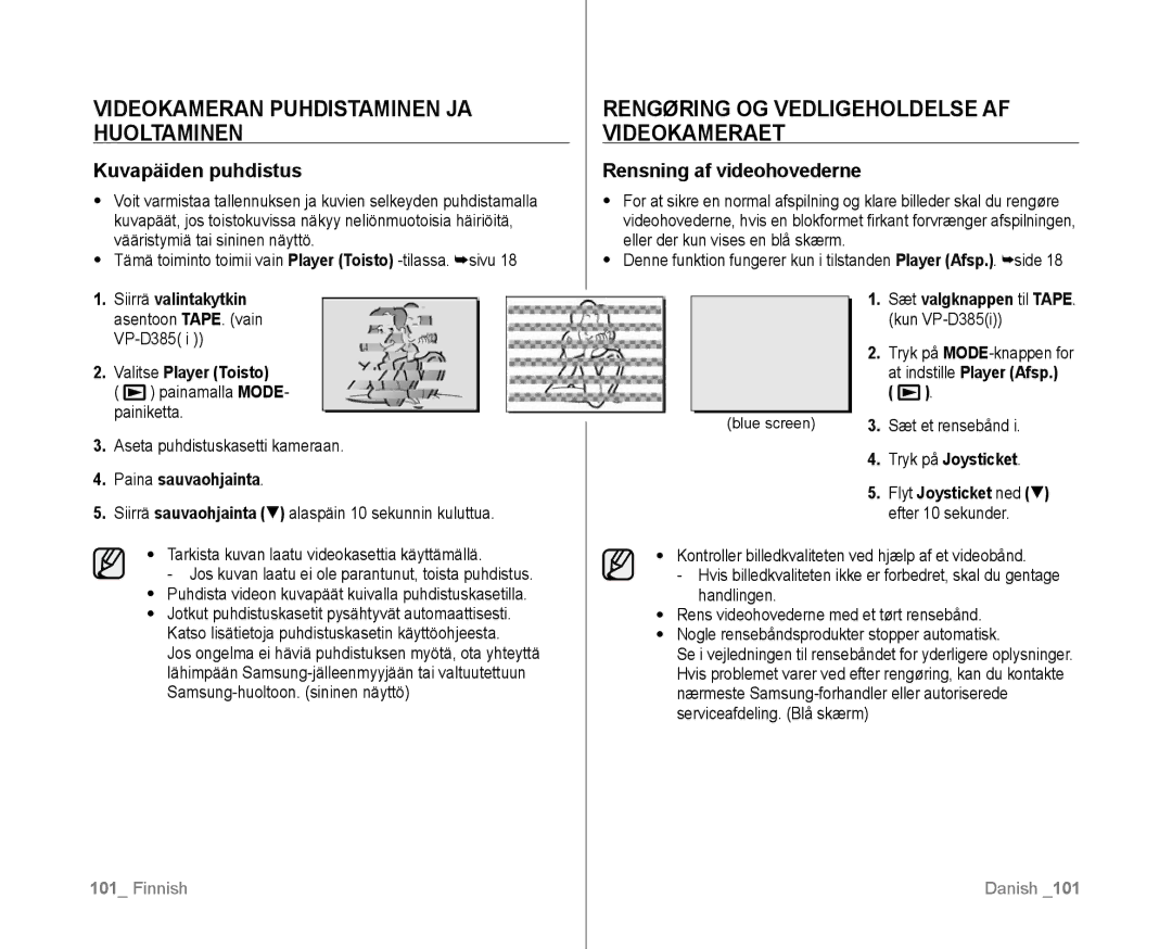 Samsung VP-D381/XEE manual Videokameran Puhdistaminen JA Huoltaminen, Rengøring OG Vedligeholdelse AF Videokameraet 