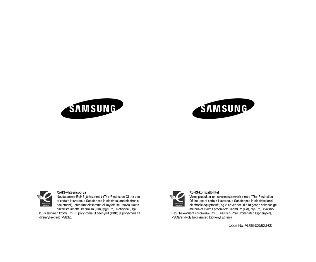 Samsung VP-D381/XEE manual Code No. AD68-02562J-00, RoHS-yhteensopiva, RoHS-kompatibilitet 