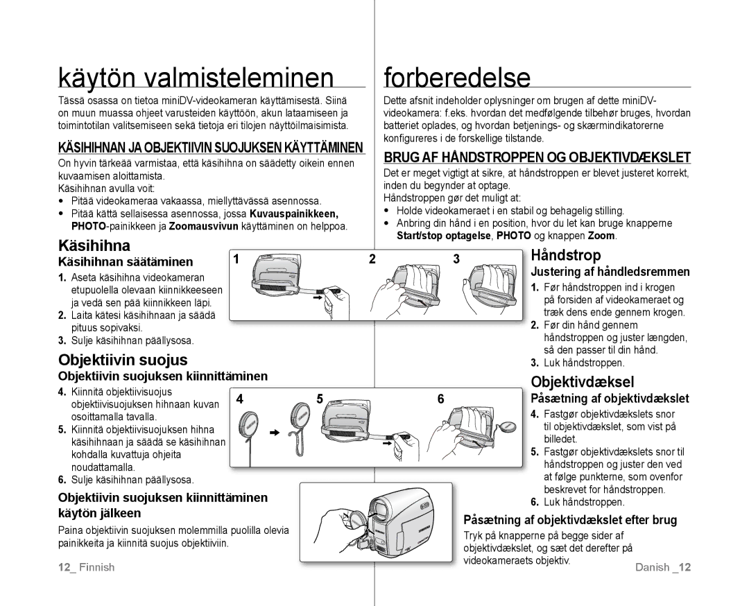 Samsung VP-D381/XEE manual Käytön valmisteleminen Forberedelse, Objektivdæksel, Brug AF Håndstroppen OG Objektivdækslet 