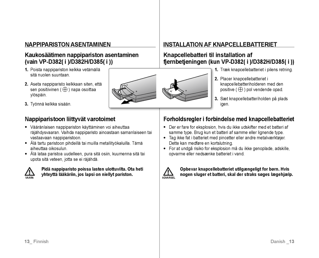 Samsung VP-D381/XEE manual Nappiparistoon liittyvät varotoimet, Forholdsregler i forbindelse med knapcellebatteriet 