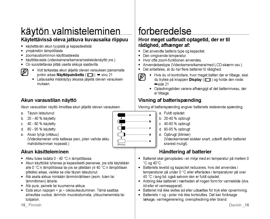 Samsung VP-D381/XEE manual Käytettävissä oleva jatkuva kuvausaika riippuu, Akun varaustilan näyttö, Akun käsitteleminen 