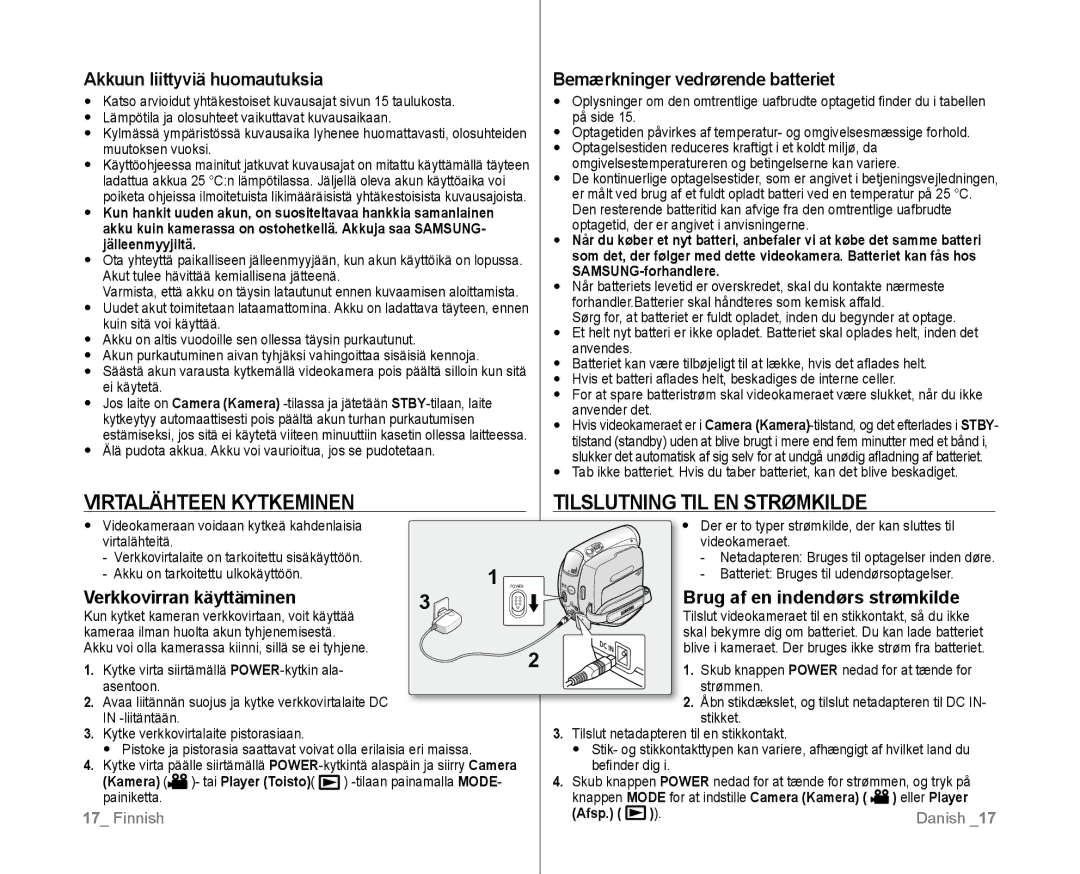 Samsung VP-D381/XEE manual Virtalähteen Kytkeminen Tilslutning TIL EN Strømkilde, Akkuun liittyviä huomautuksia 