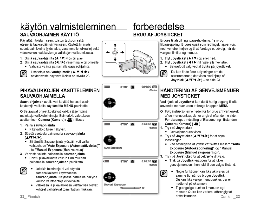 Samsung VP-D381/XEE manual Sauvaohjaimen Käyttö, Brug AF Joysticket, Pikavalikkojen Käsitteleminen Sauvaohjaimella 