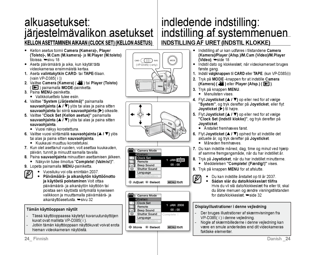 Samsung VP-D381/XEE manual Indstilling AF Uret Indstil Klokke 