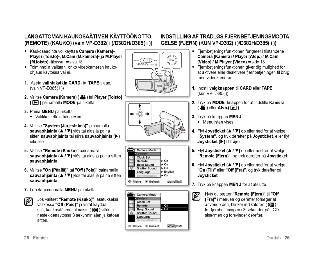 Samsung VP-D381/XEE Langattoman Kaukosäätimen Käyttöönotto, Camera Kamera / Player Afsp. / M.Cam, Kun VP-D385i, Eller Afsp 