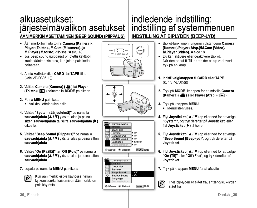 Samsung VP-D381/XEE manual Indstilling AF Biplyden BEEP-LYD, Äänimerkkitoiminto toimii Camera Kamera 