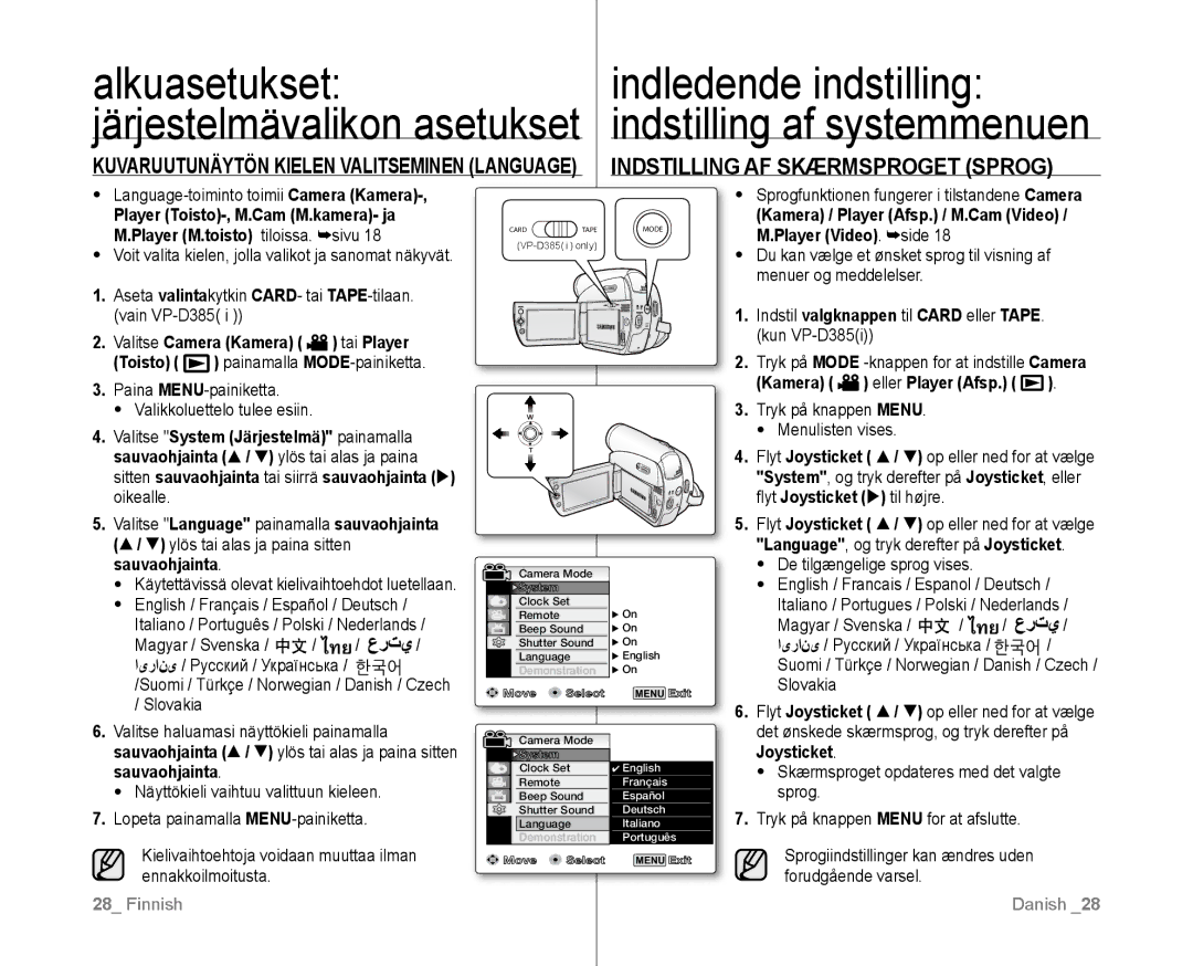 Samsung VP-D381/XEE manual Indstilling AF Skærmsproget Sprog, Kuvaruutunäytön Kielen Valitseminen Language 