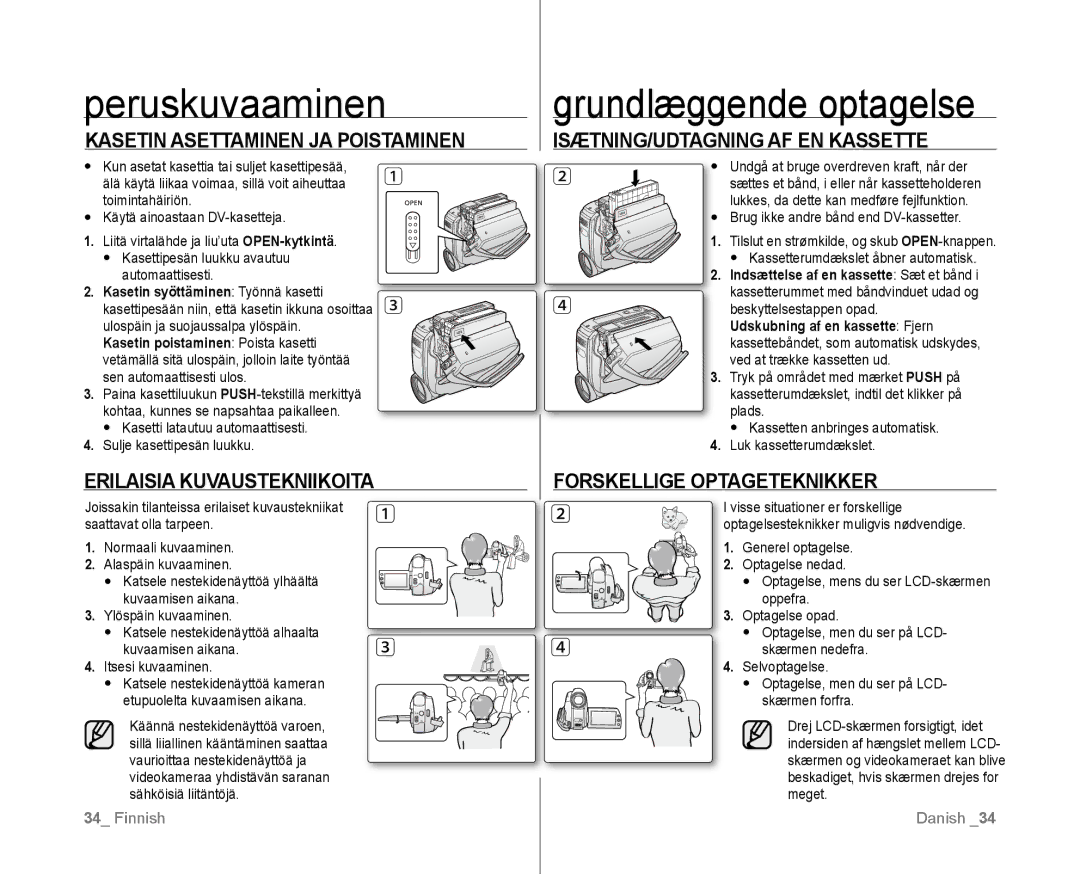 Samsung VP-D381/XEE manual Peruskuvaaminen, Grundlæggende optagelse 