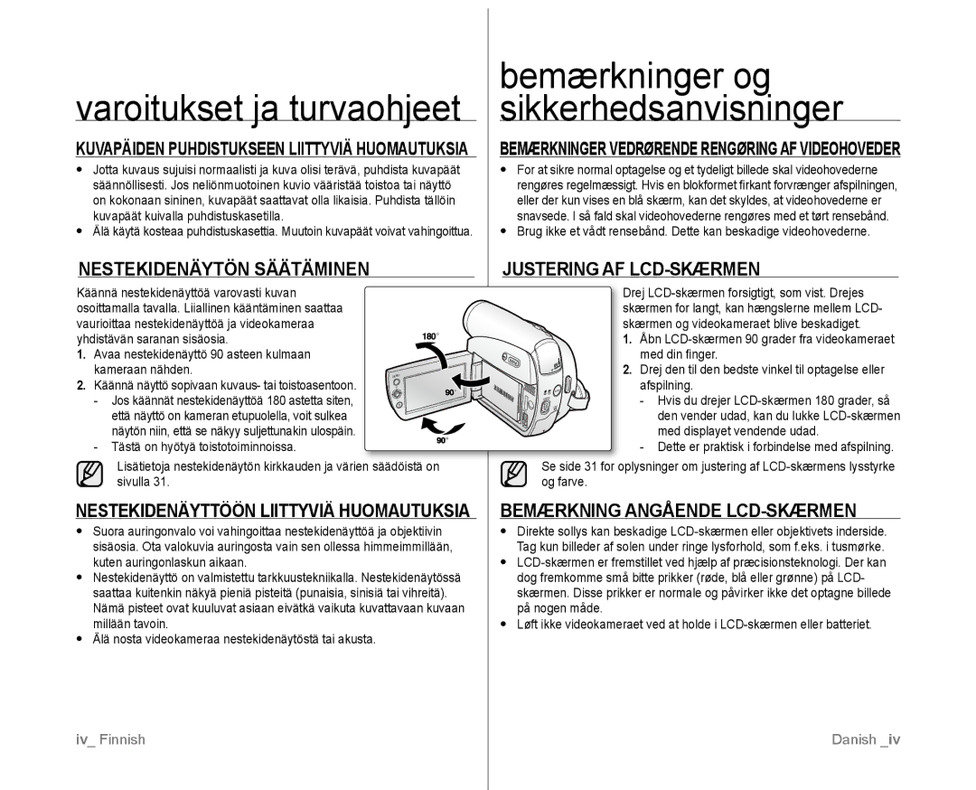 Samsung VP-D381/XEE manual Varoitukset ja turvaohjeet, Nestekidenäytön Säätäminen, Justering AF LCD-SKÆRMEN 