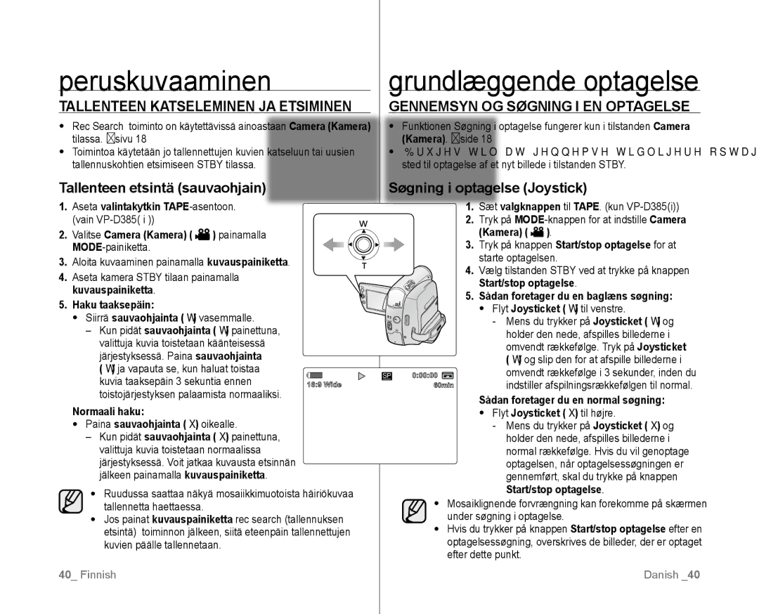 Samsung VP-D381/XEE manual Tallenteen Katseleminen JA Etsiminen, Gennemsyn OG Søgning I EN Optagelse 