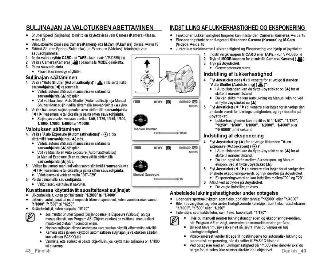 Samsung VP-D381/XEE manual Suljinajan JA Valotuksen Asettaminen, Indstilling af lukkerhastighed Suljinajan säätäminen 