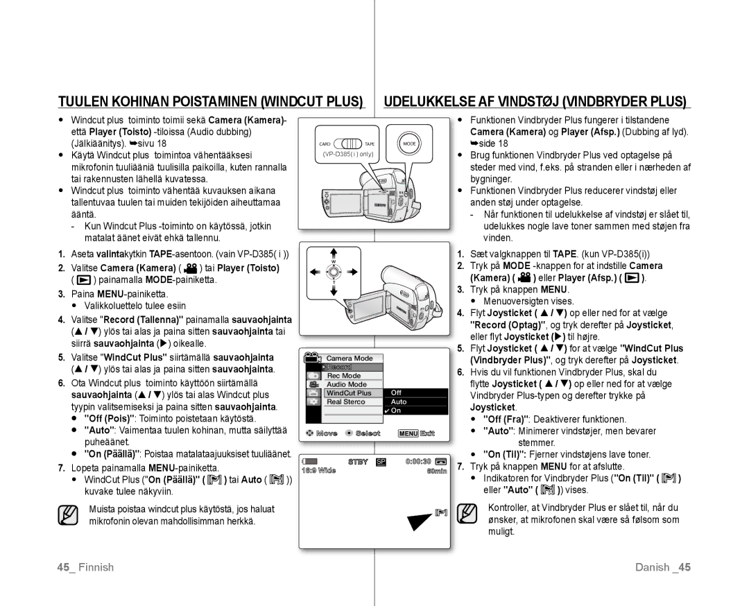 Samsung VP-D381/XEE Tryk på knappen Menu Menuoversigten vises, Indikatoren for Vindbryder Plus On Til eller Auto vises 