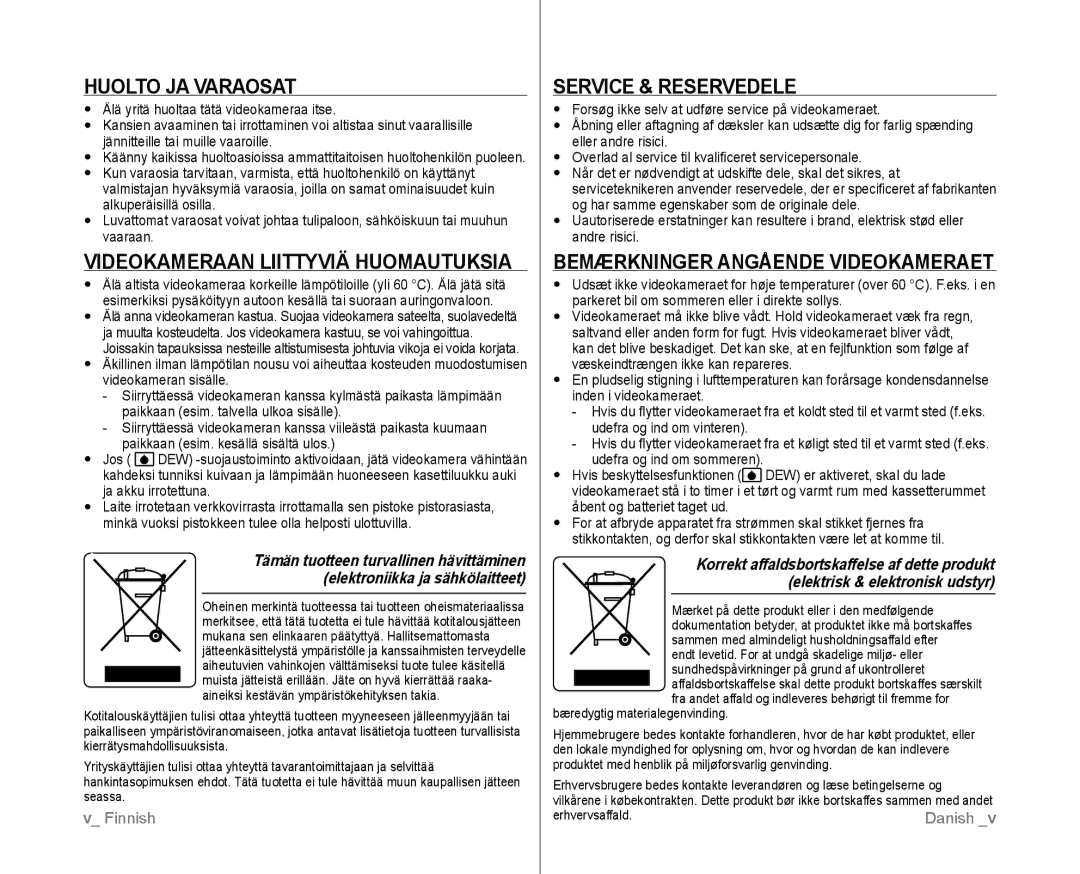 Samsung VP-D381/XEE manual Huolto JA Varaosat, Videokameraan Liittyviä Huomautuksia, Service & Reservedele 