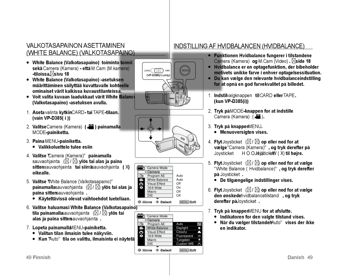 Samsung VP-D381/XEE Valkotasapainon Asettaminen, White Balance Valkotasapaino, Indstilling AF Hvidbalancen Hvidbalance 