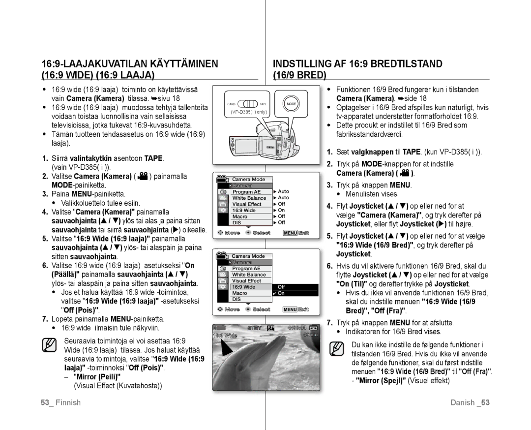 Samsung VP-D381/XEE manual Laajakuvatilan Käyttäminen Indstilling AF 169 Bredtilstand, Wide 169 Laaja, 16/9 Bred 