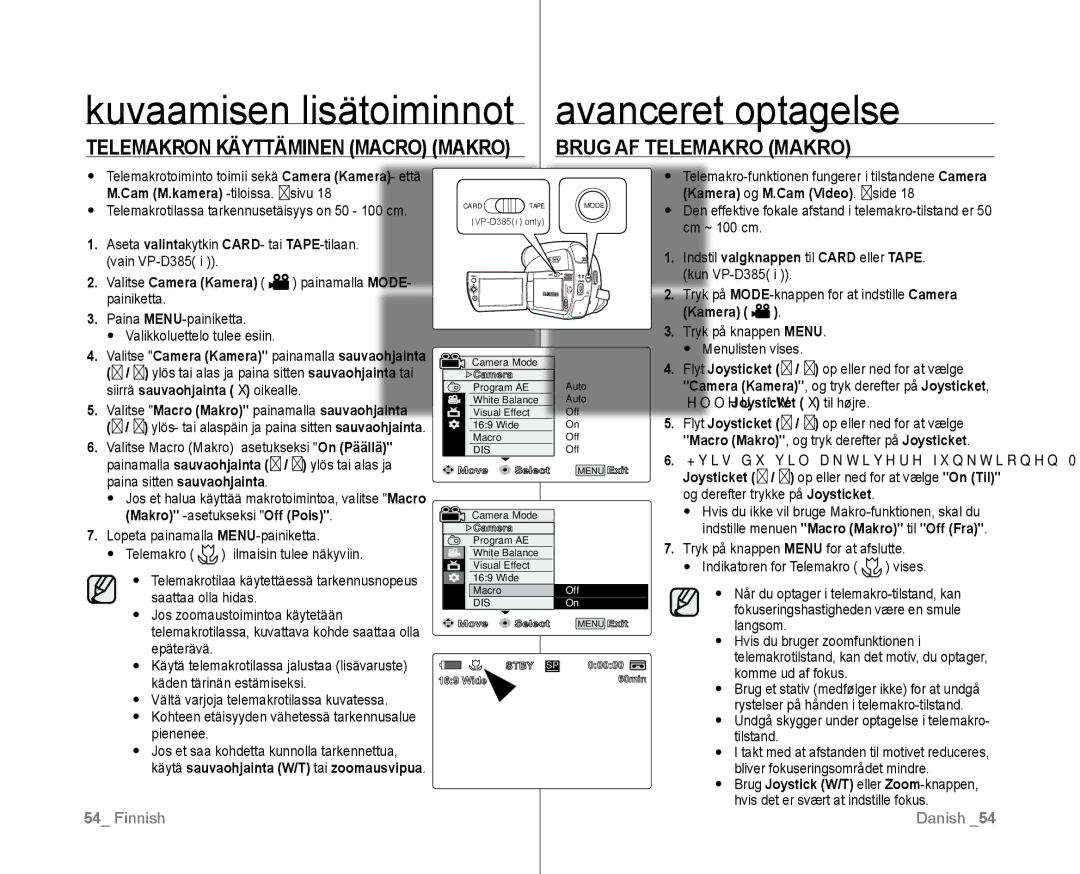 Samsung VP-D381/XEE manual Telemakron Käyttäminen Macro Makro, Brug AF Telemakro Makro 