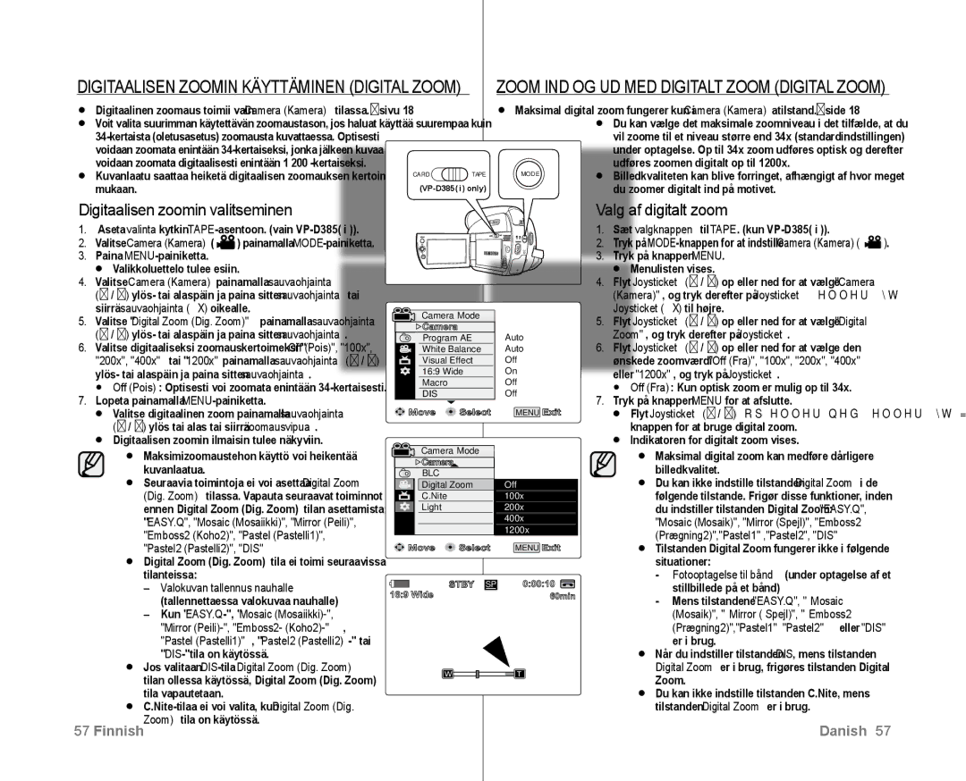 Samsung VP-D381/XEE manual Digitaalisen zoomin valitseminen Valg af digitalt zoom 