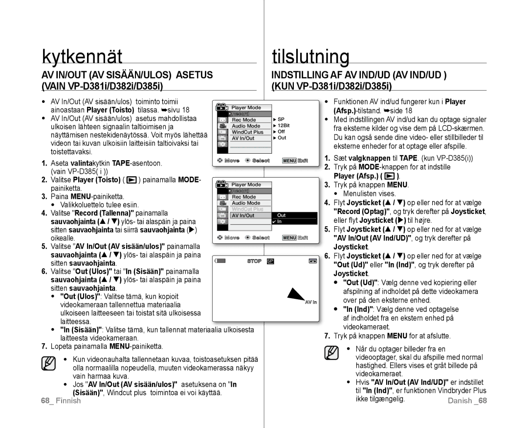 Samsung VP-D381/XEE manual Kytkennät, Tilslutning, AV IN/OUT AV SISÄÄN/ULOS Asetus Vain VP-D381i/D382i/D385i 