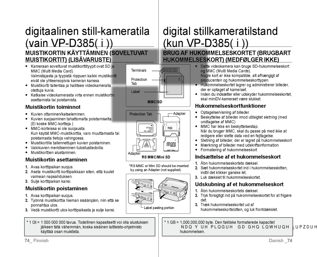 Samsung VP-D381/XEE Muistikortin toiminnot Hukommelseskortfunktioner, Muistikortin asettaminen, Muistikortin poistaminen 