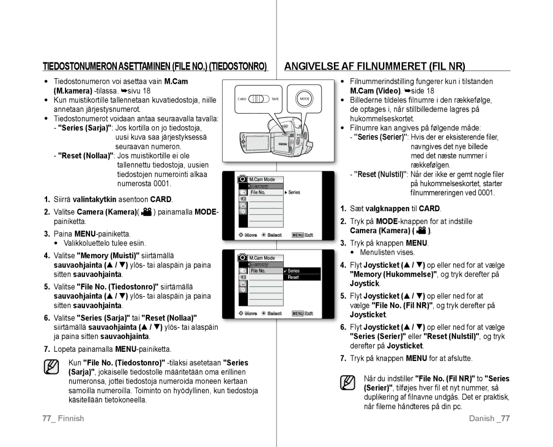 Samsung VP-D381/XEE Siirrä valintakytkin asentoon Card, Sæt valgknappen til Card, Valitse File No. Tiedostonro siirtämällä 