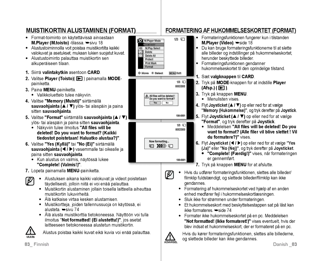 Samsung VP-D381/XEE manual Muistikortin Alustaminen Format, Formatering AF Hukommelseskortet Format 