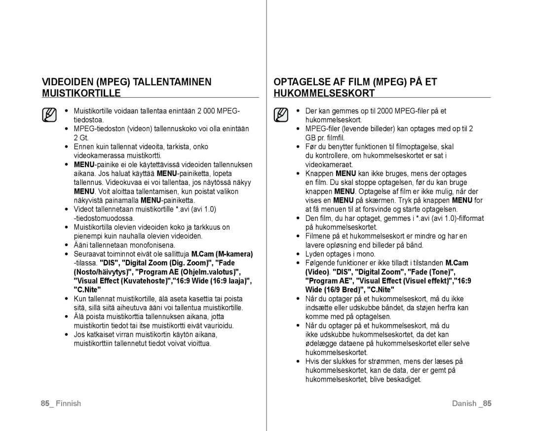 Samsung VP-D381/XEE manual Videoiden Mpeg tallentaminen muistikortille, Tiedostoa 