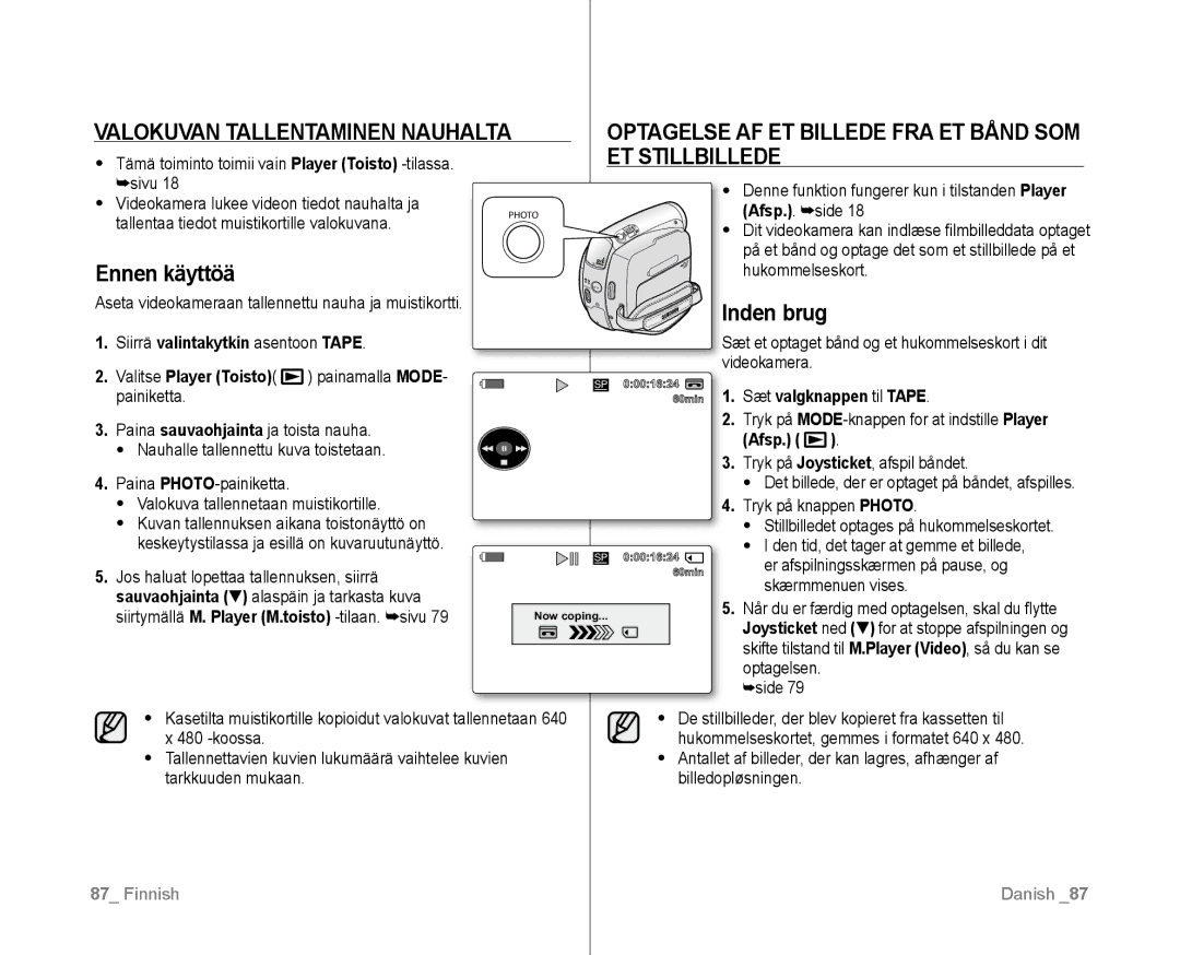 Samsung VP-D381/XEE Valokuvan Tallentaminen Nauhalta, Optagelse AF ET Billede FRA ET Bånd SOM ET Stillbillede, Inden brug 