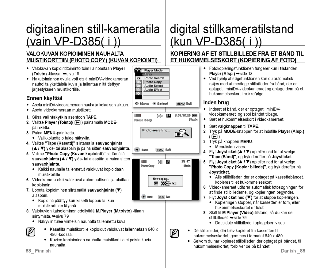 Samsung VP-D381/XEE manual Ennen käyttöä, Inden brug, Player Afsp. side 