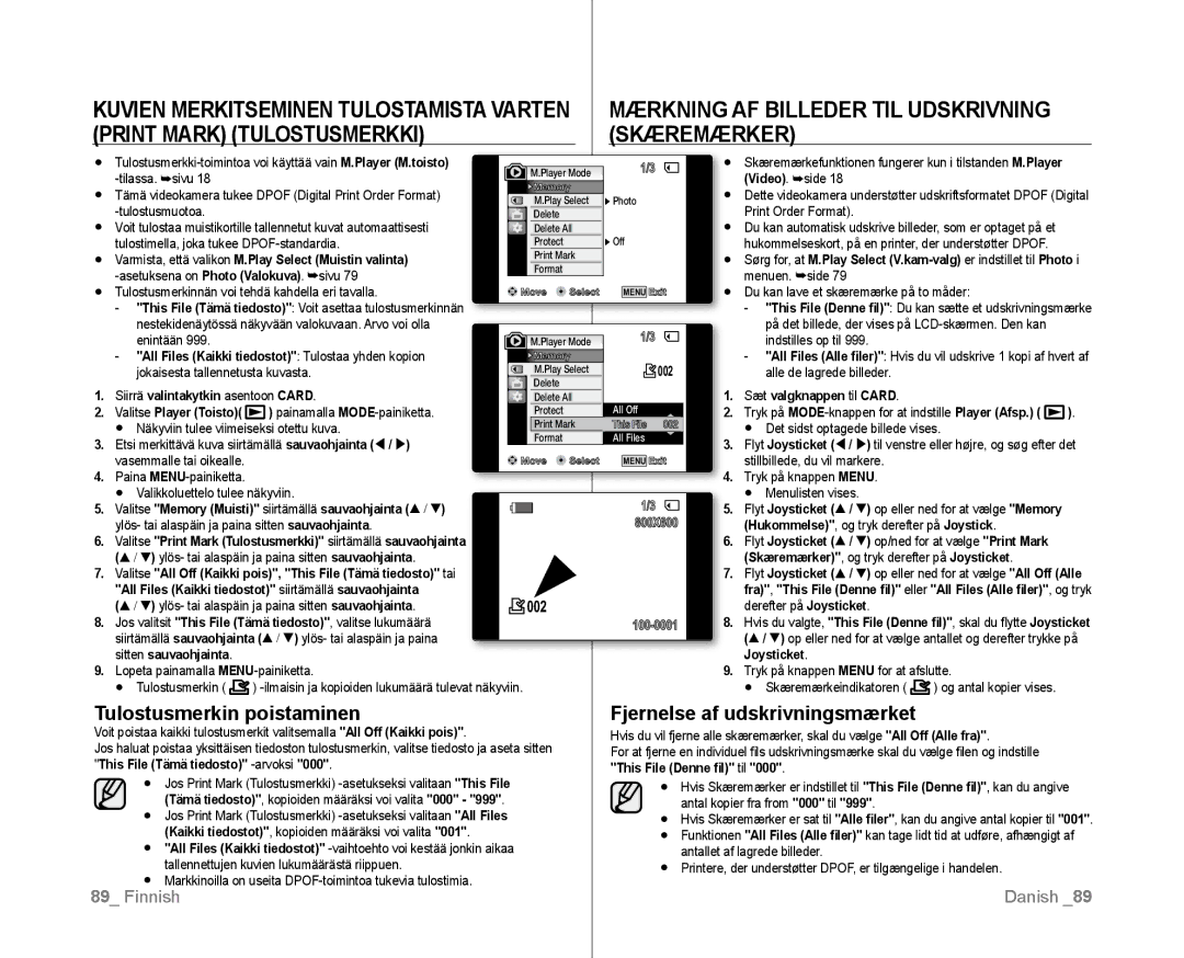 Samsung VP-D381/XEE manual Mærkning AF Billeder TIL Udskrivning, Print Mark Tulostusmerkki Skæremærker 