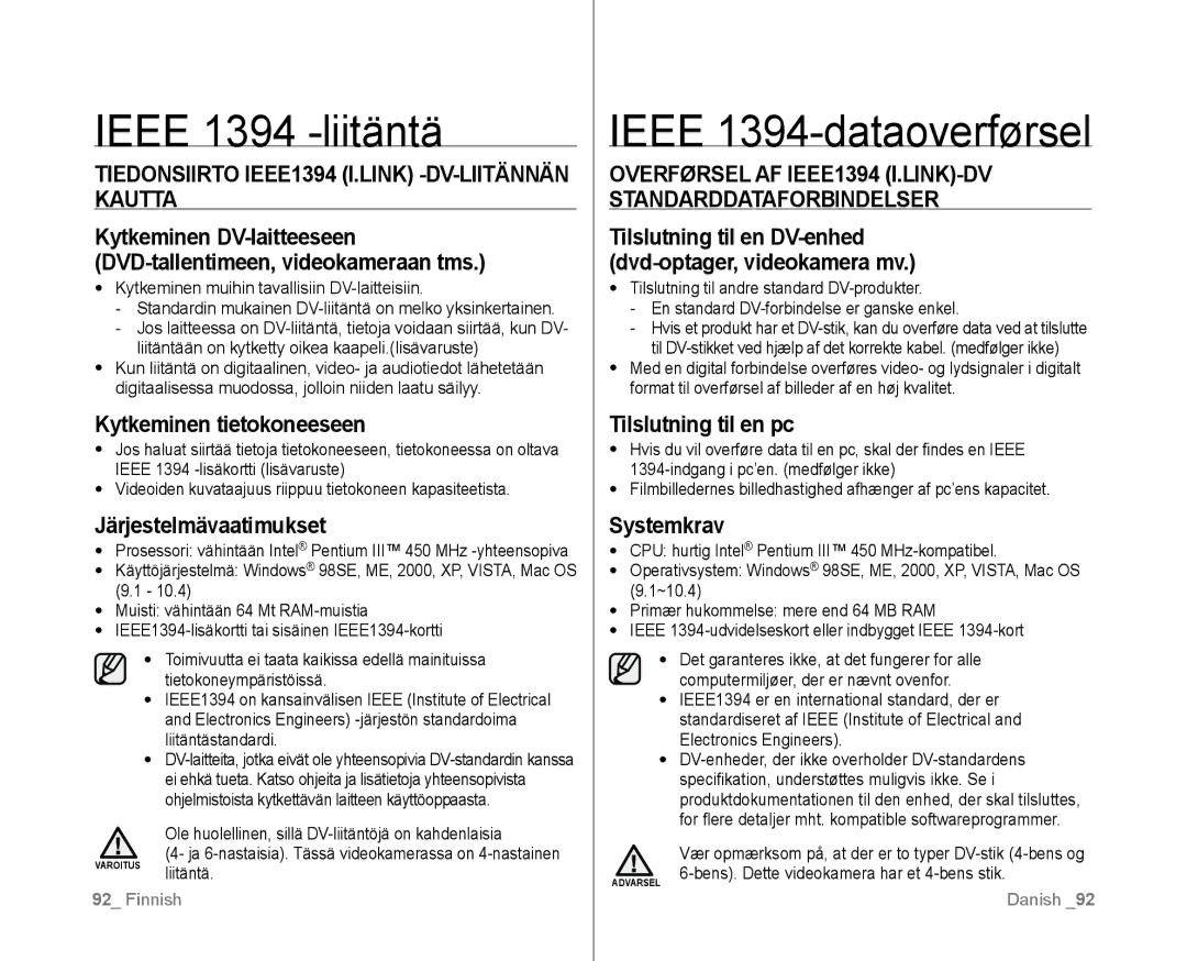 Samsung VP-D381/XEE manual Ieee 1394 -liitäntä, Ieee 1394-dataoverførsel, Tiedonsiirto IEEE1394 I.LINK -DV-LIITÄNNÄN Kautta 