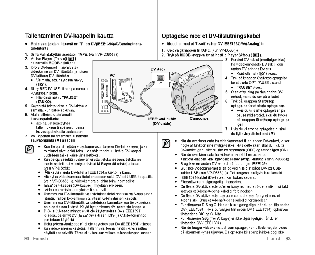 Samsung VP-D381/XEE Modeller med et ‘i’-suffiks har DVIEEE1394/AVAnalog, Tuloliitäntä, DV Jack, Pause vises, DV cable 