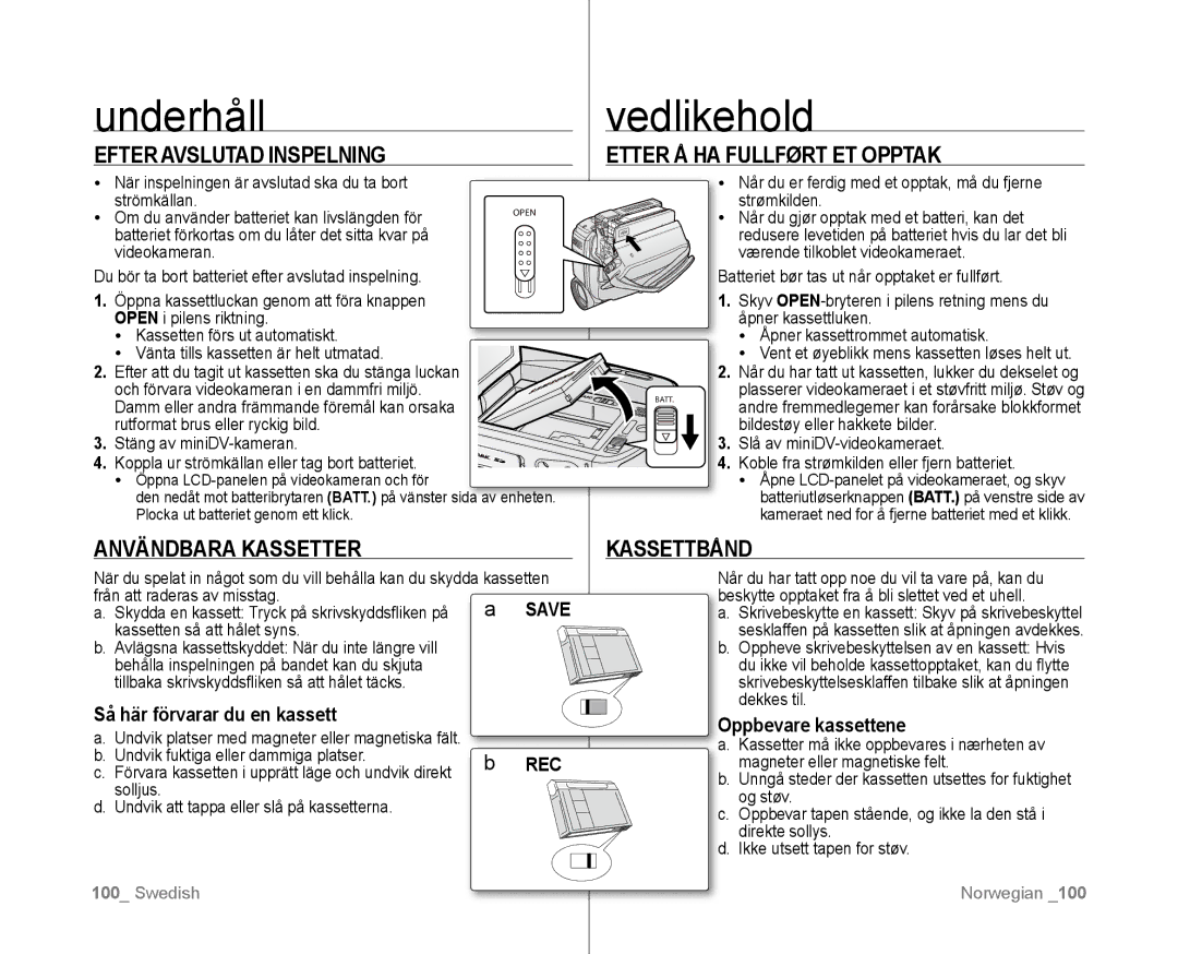 Samsung VP-D381/XEE manual Underhåll, Vedlikehold 