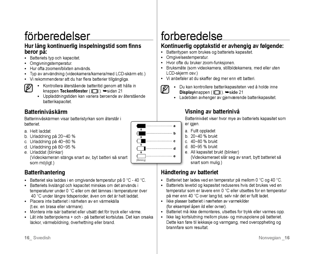 Samsung VP-D381/XEE manual Hur lång kontinuerlig inspelningstid som finns beror på, Batterinivåskärm, Batterihantering 