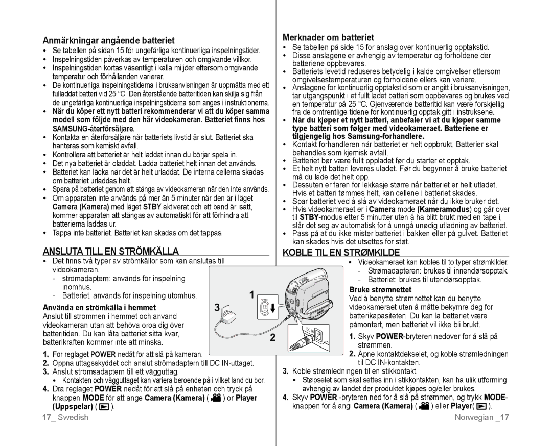 Samsung VP-D381/XEE manual Anmärkningar angående batteriet, Merknader om batteriet 