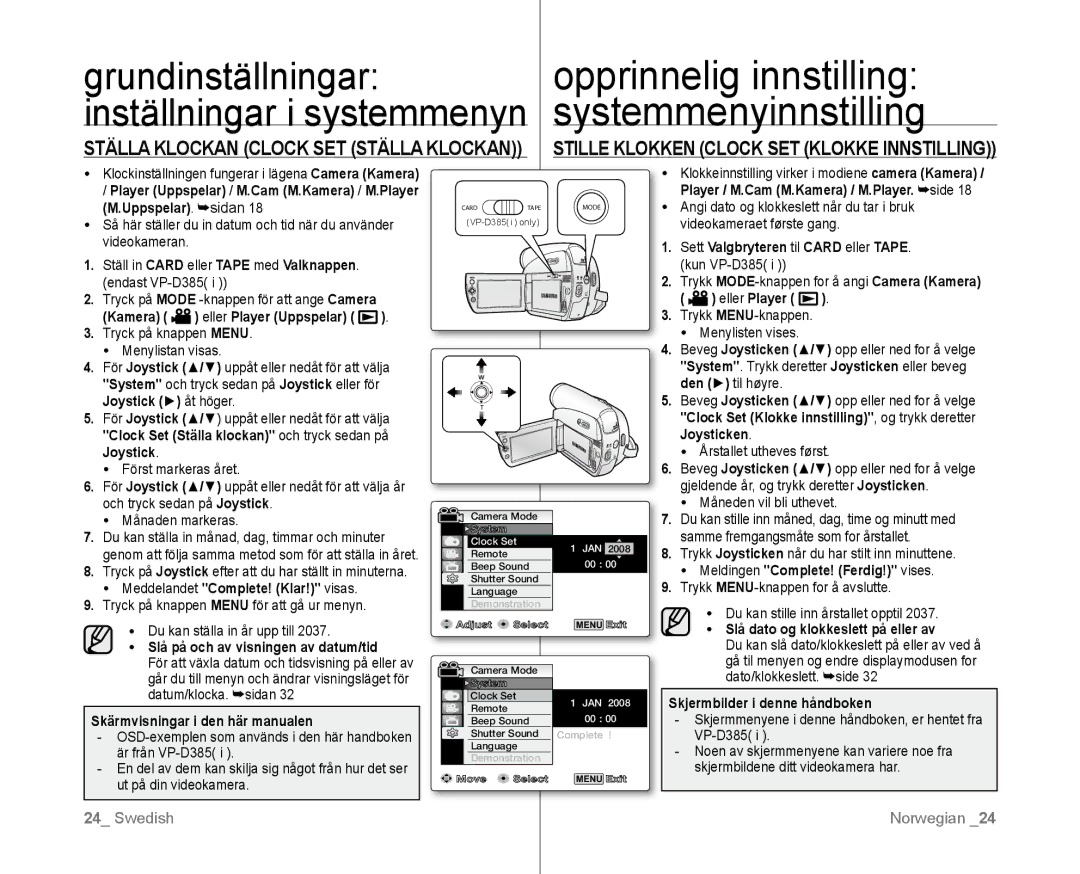 Samsung VP-D381/XEE manual Opprinnelig innstilling, Systemmenyinnstilling, Grundinställningar 