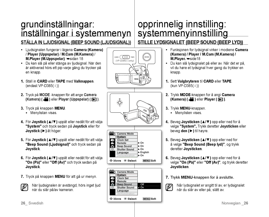 Samsung VP-D381/XEE manual Opprinnelig innstilling systemmenyinnstilling, Stille Lydsignalet Beep Sound Beep lyd 