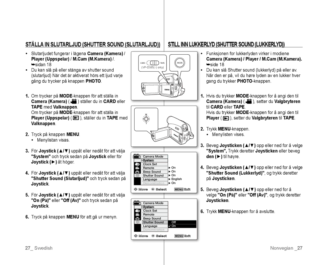 Samsung VP-D381/XEE manual Sidan, Funksjonen for lukkerlyden virker i modiene, Camera Kamera / Player / M.Cam M.Kamera 