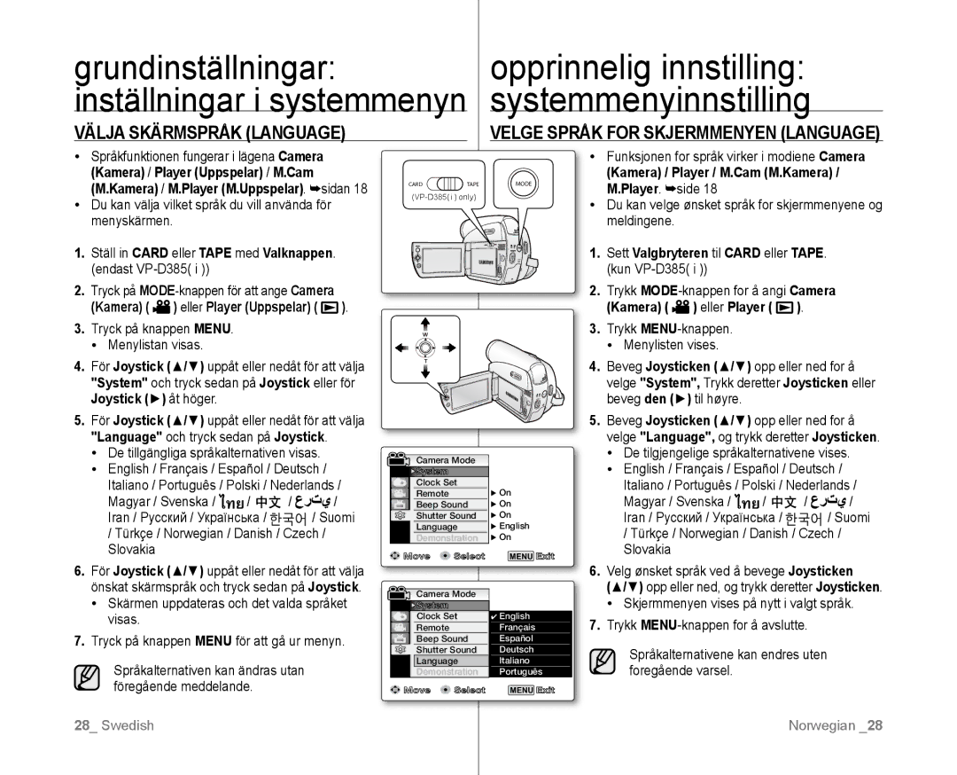 Samsung VP-D381/XEE manual Grundinställningar Opprinnelig innstilling, Systemmenyinnstilling, Endast VP-D385 