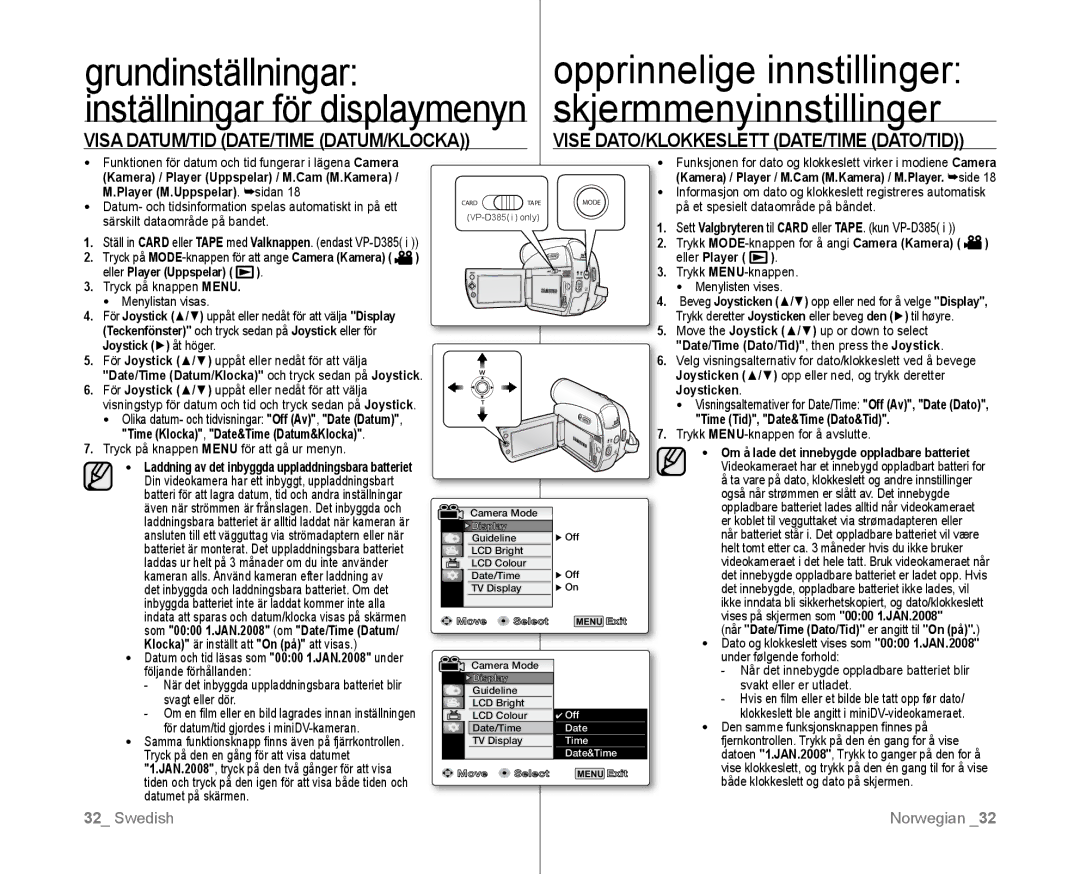 Samsung VP-D381/XEE manual Grundinställningar Opprinnelige innstillinger, Skjermmenyinnstillinger 