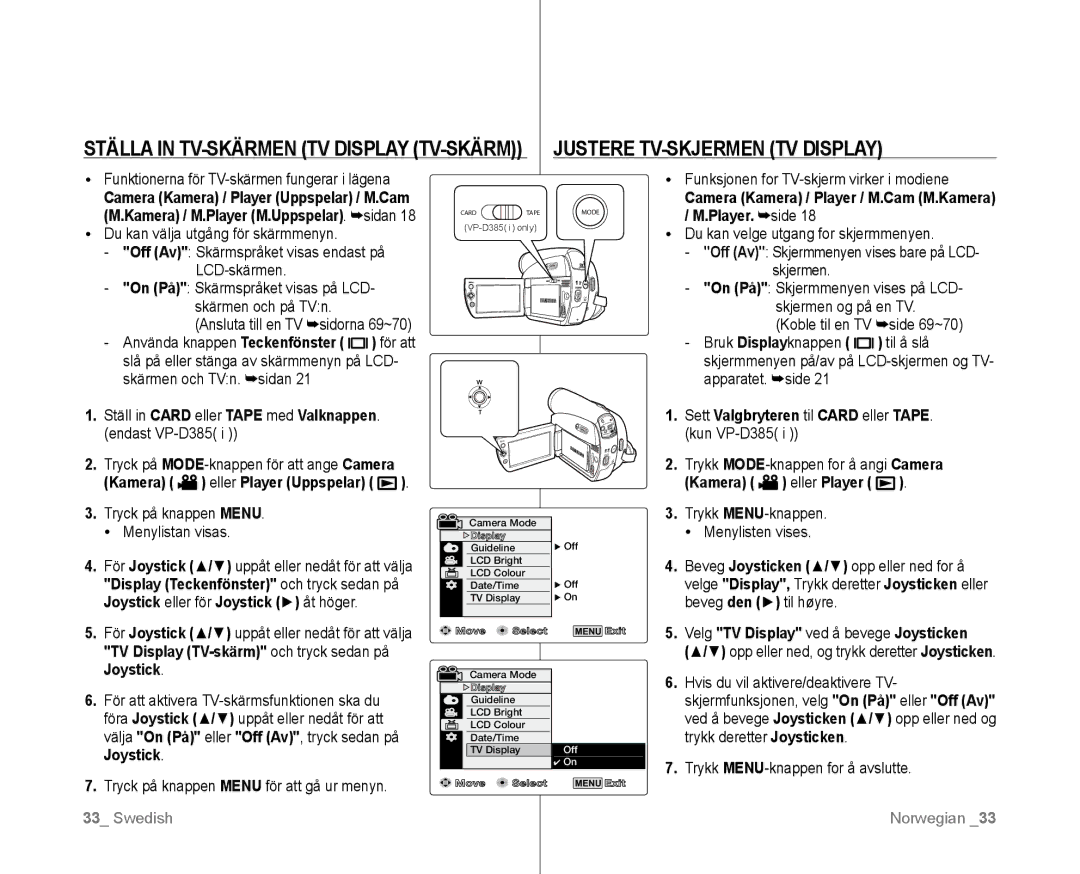 Samsung VP-D381/XEE Camera Kamera / Player / M.Cam M.Kamera / M.Player. side, Velg TV Display ved å bevege Joysticken 