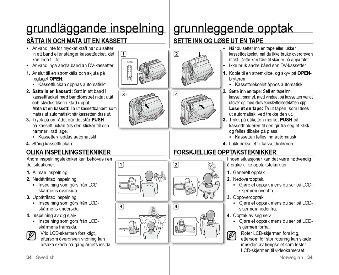 Samsung VP-D381/XEE manual Grunnleggende opptak, Grundläggande inspelning 