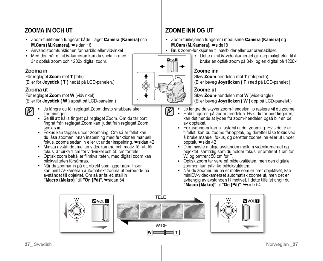 Samsung VP-D381/XEE Zooma in OCH UT Zoome INN OG UT, Zooma Zoome inn, Zooma ut Zoome ut, Macro Makro till On På. sidan 